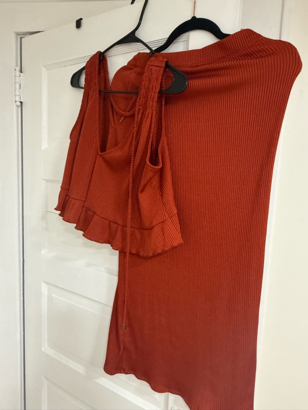 Ribbed Rust Orange Midi Skirt set for Women